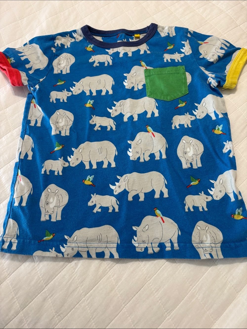 Mini Boden Blue Rhino Print Short Sleeve Tee with Green Pocket